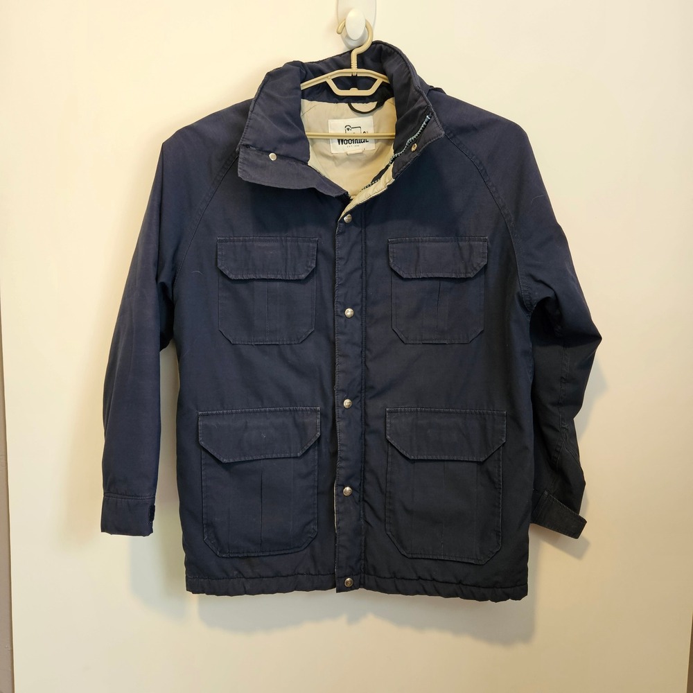 Vintage Woolrich Navy Blue Field Jacket Mens L Hooded Utility Coat Heavy Chore